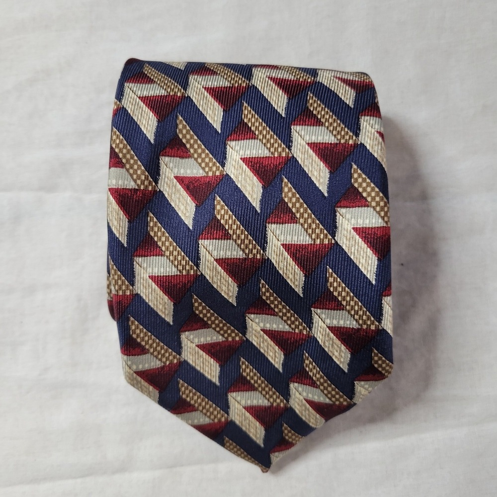 Hickey Freeman Mens Silk Tie Geometric Abstract Navy Burgundy Red Hand Sewn USA